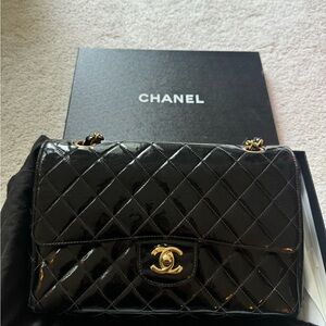 CHANEL Classic Double Flap Bag Quilted Black Patent Leather Gold Hardware Medium